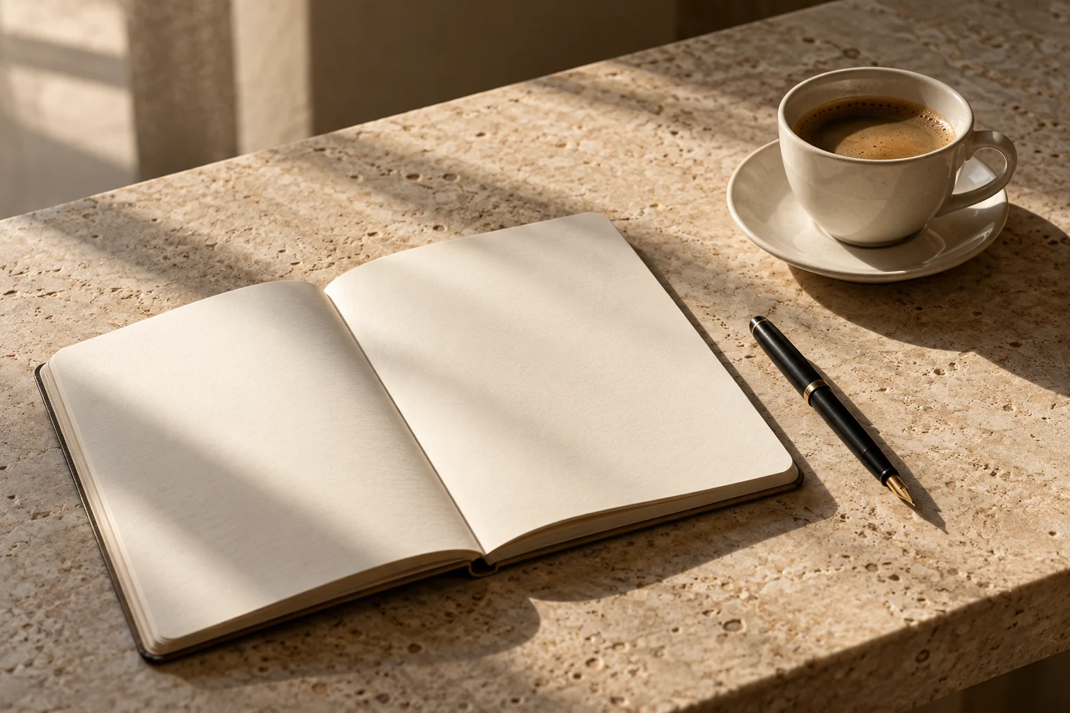 An open notebook and pen on a sunlit desk